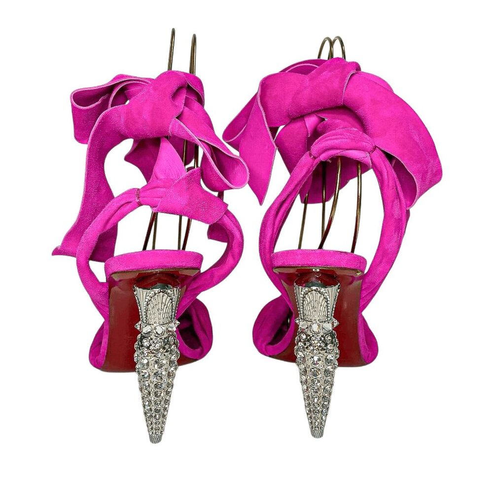 Christian Louboutin Lipqueen Pink Suede Crystal Heel Sandals EU 37 Ankle Wrap - Picture 7 of 10